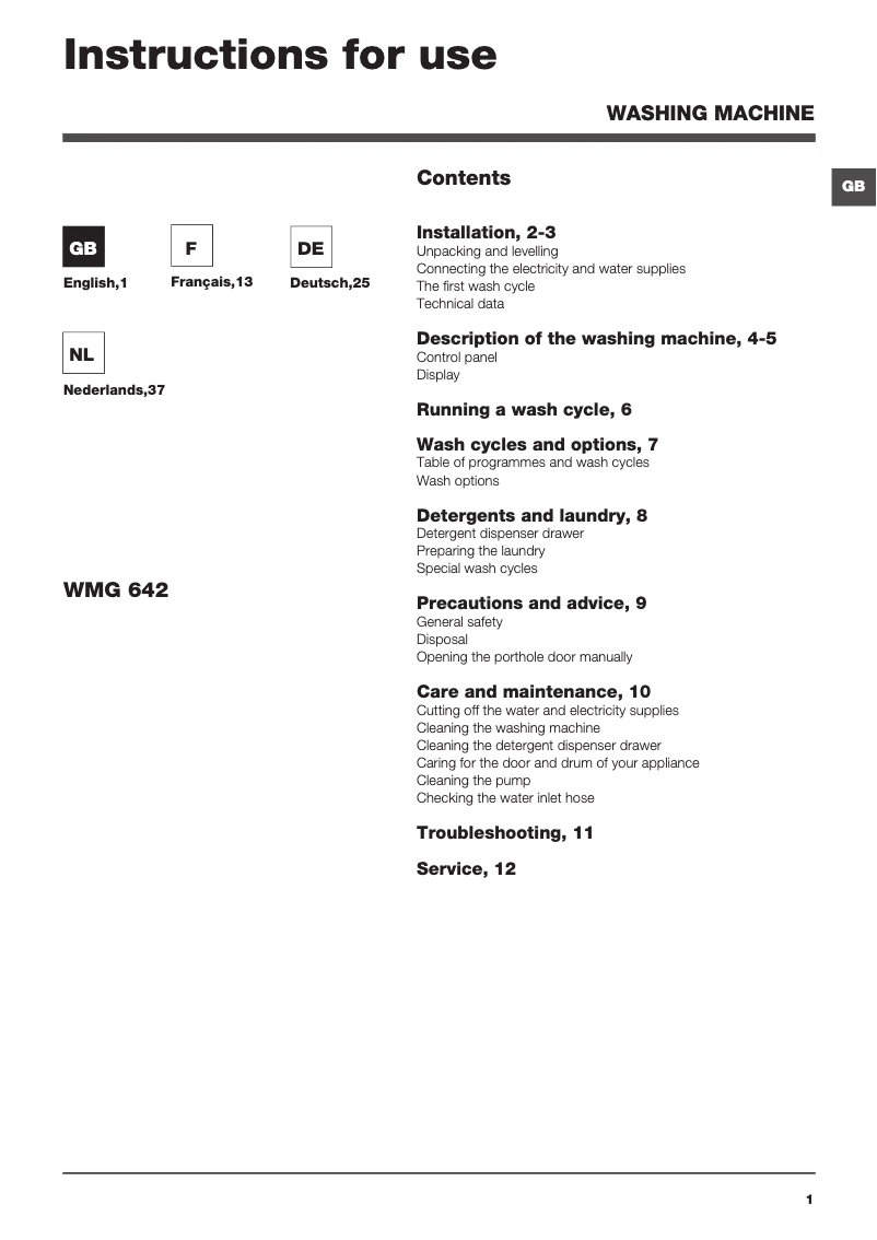Page n°1 - Manuel utilisateur Hotpoint Maxi WMG 642