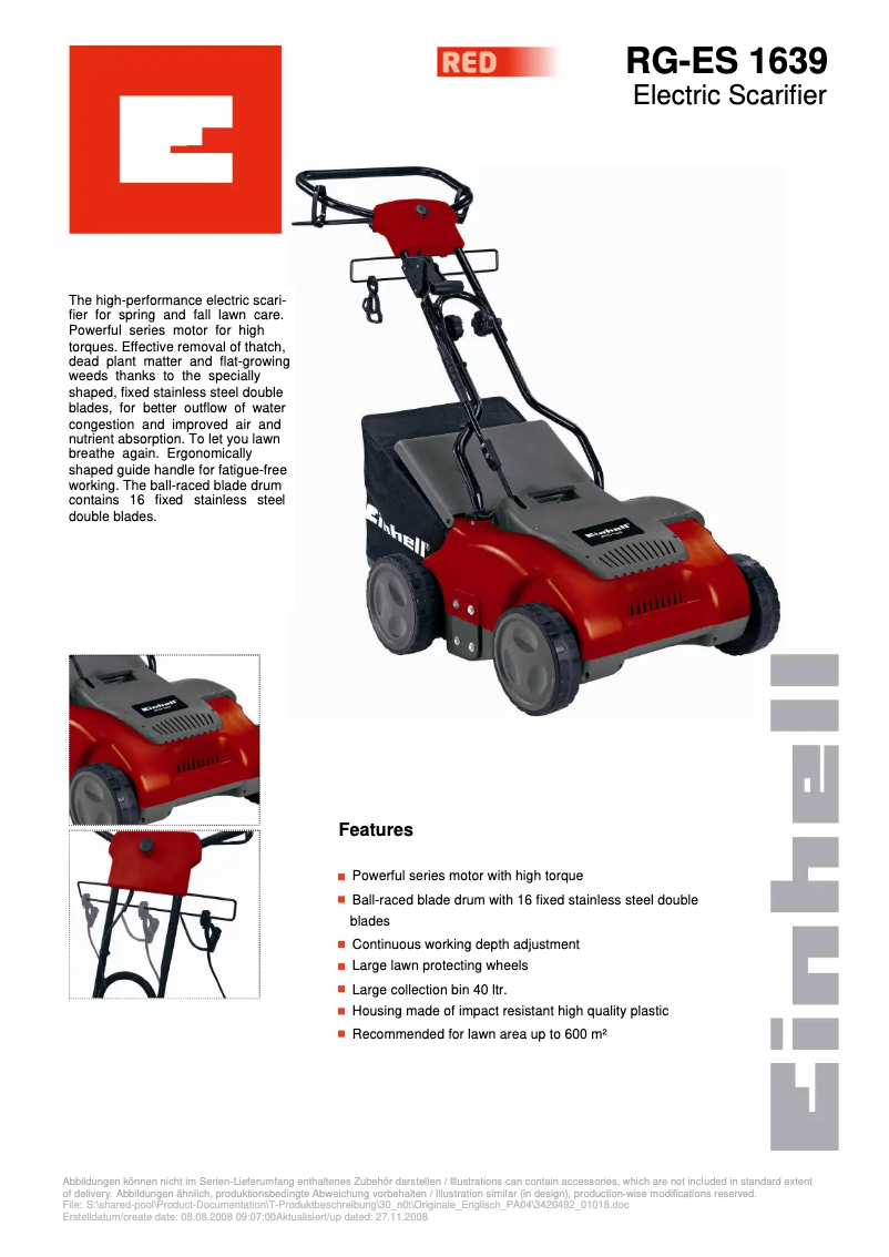 Page 1 de la notice Fiche technique Einhell RG-ES 1639