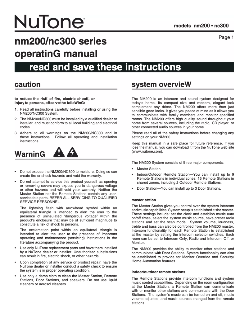 Page n°1 - Manuel utilisateur NuTone NM200WH
