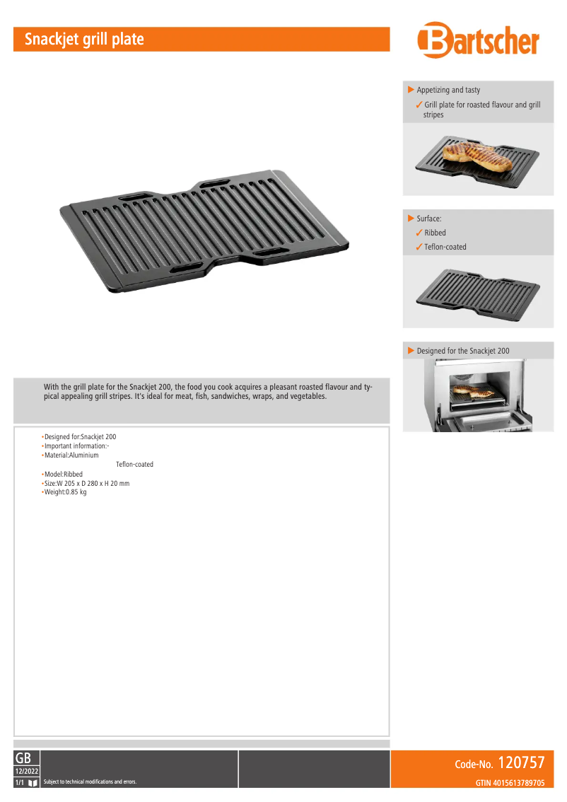 Page n°1 - Fiche technique Bartscher Snackjet 120757
