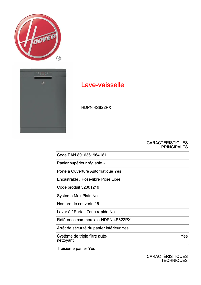 Page 1 de la notice Fiche technique Hoover HDPN 4S622PX-80