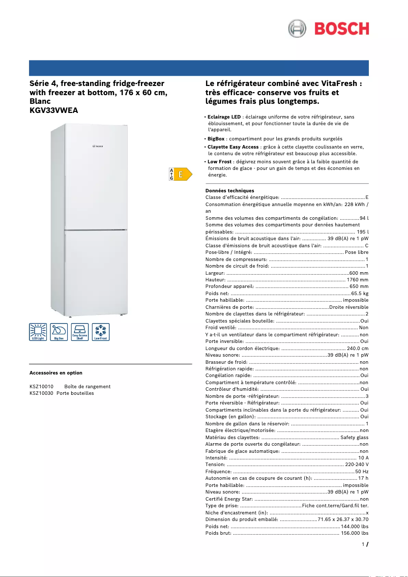 Page n°1 - Fiche technique Bosch KGV33VWEA