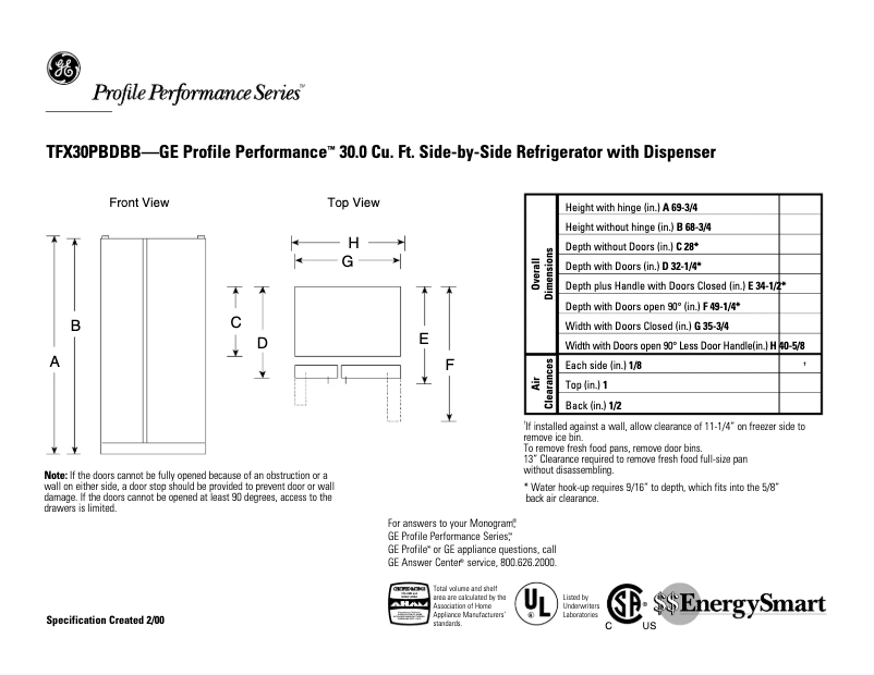 Page 1 de la notice Fiche technique GE Profile Performance TFX30PBDBB