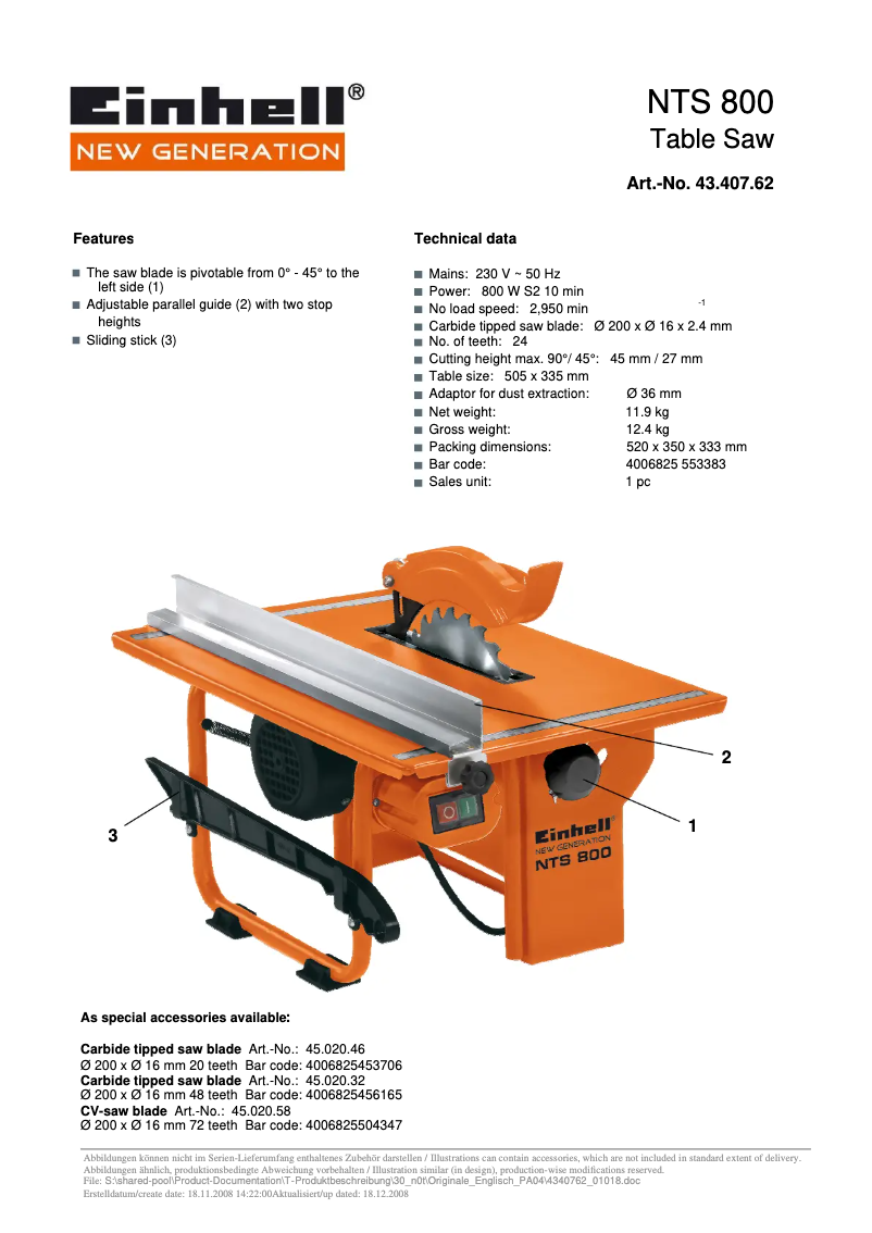 Page 1 de la notice Manuel utilisateur Einhell NTS 800