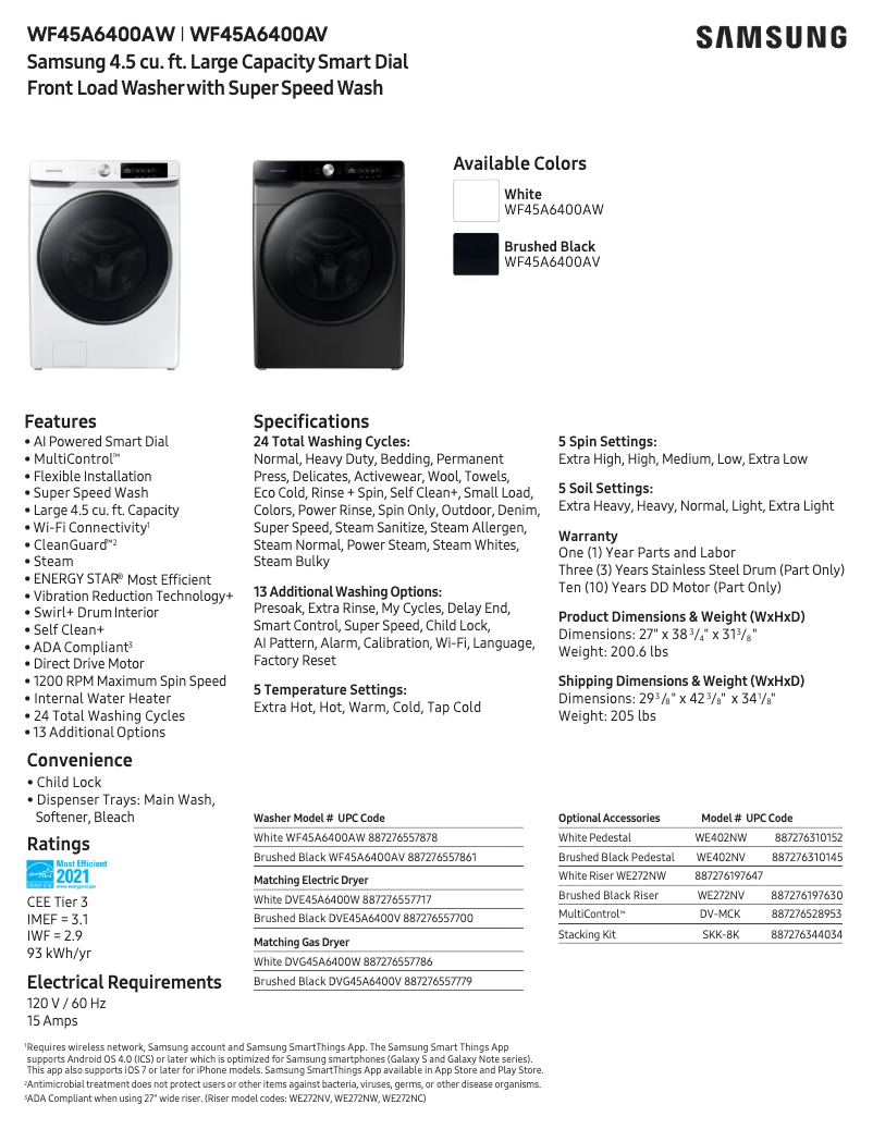 Page n°1 - Fiche technique Samsung WF45A6400AW