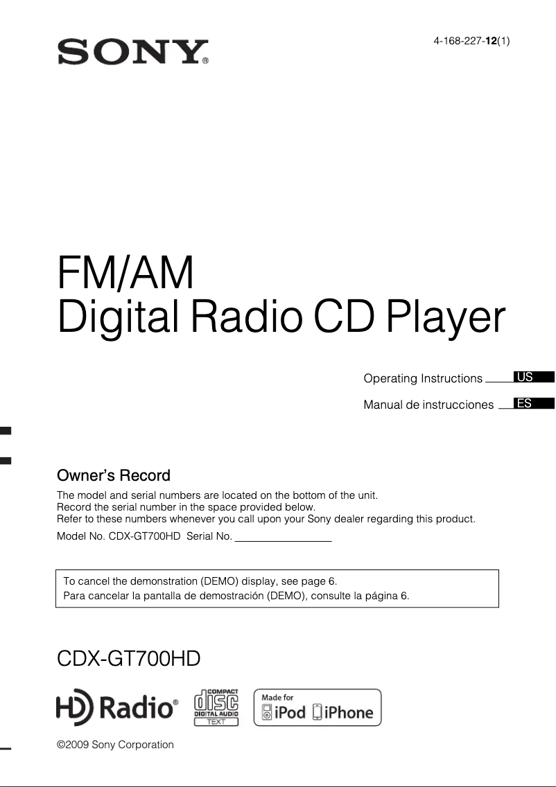 Image de la première page du manuel de l'appareil CDX-GT700HD