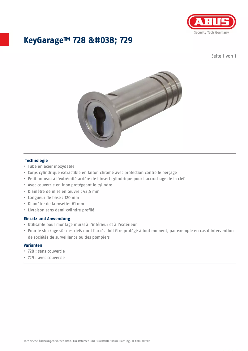 Page n°1 - Fiche technique Abus KeyGarage 728