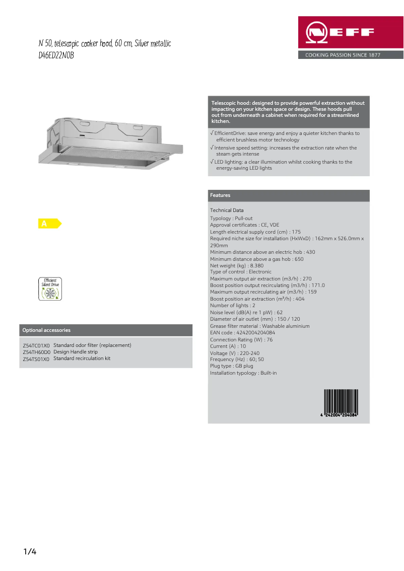 Página 1 del manual Ficha técnica Neff D46ED22N0B