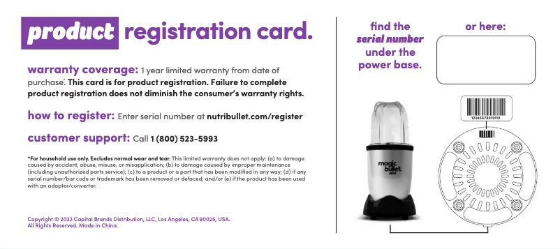 Page 1 de la notice Informations de garantie Magic Bullet Mini Juicer