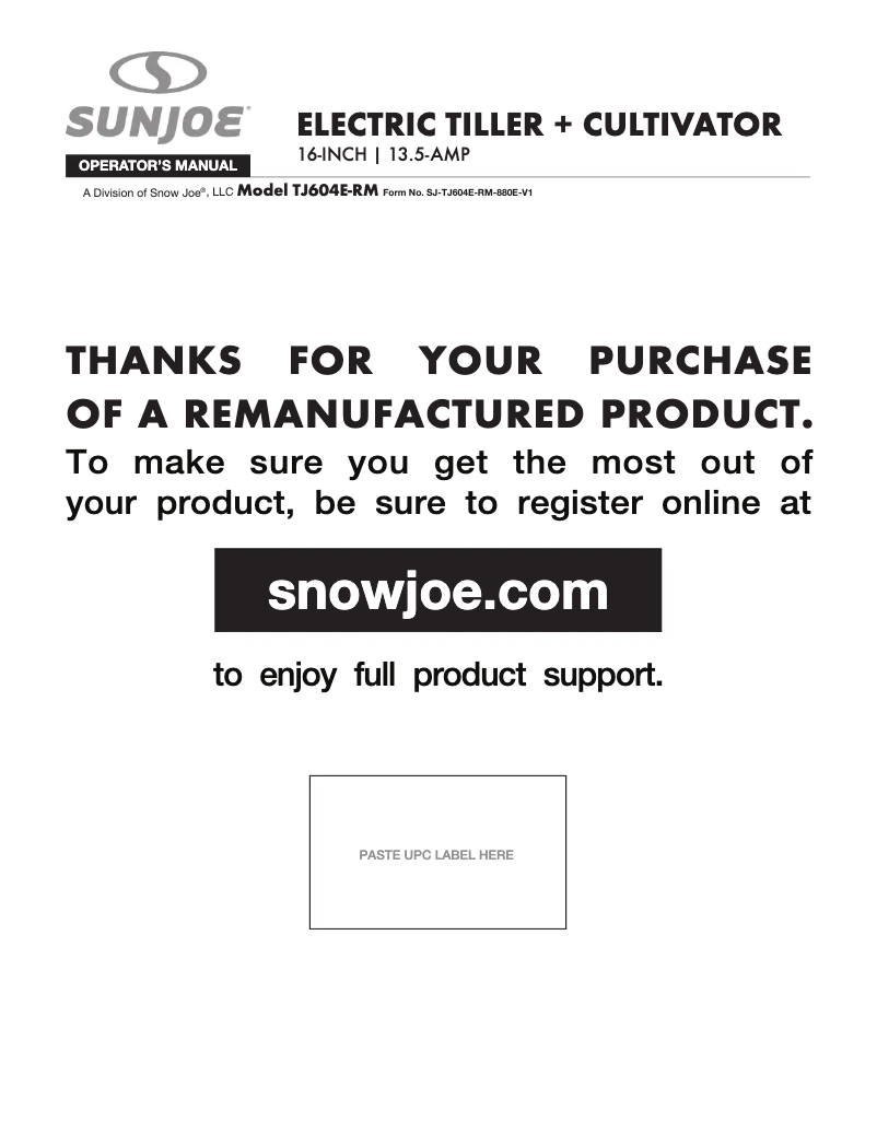 Page n°1 - Manuel utilisateur Sun Joe TJ604E-RM