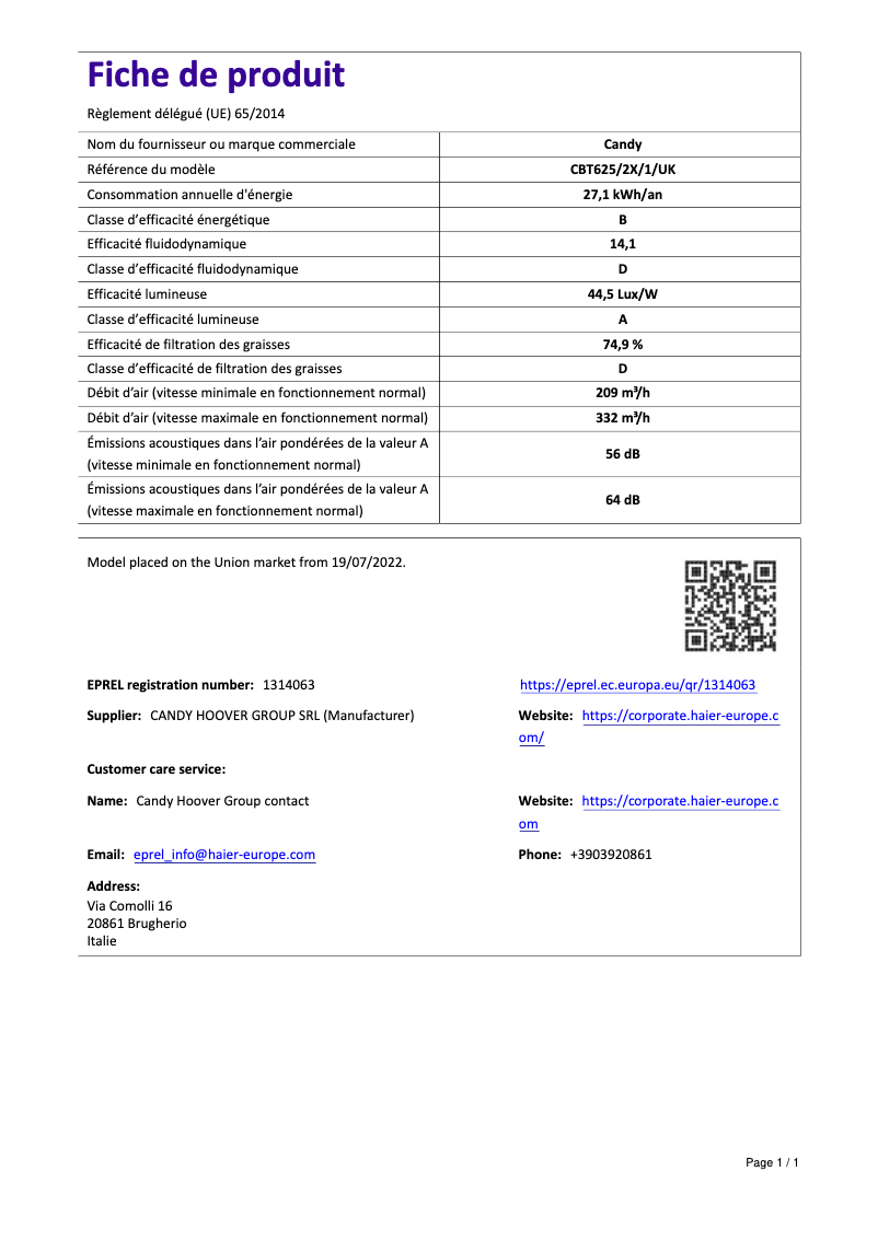 Page 1 de la notice Manuel utilisateur Candy CBT625/2X/1/UK