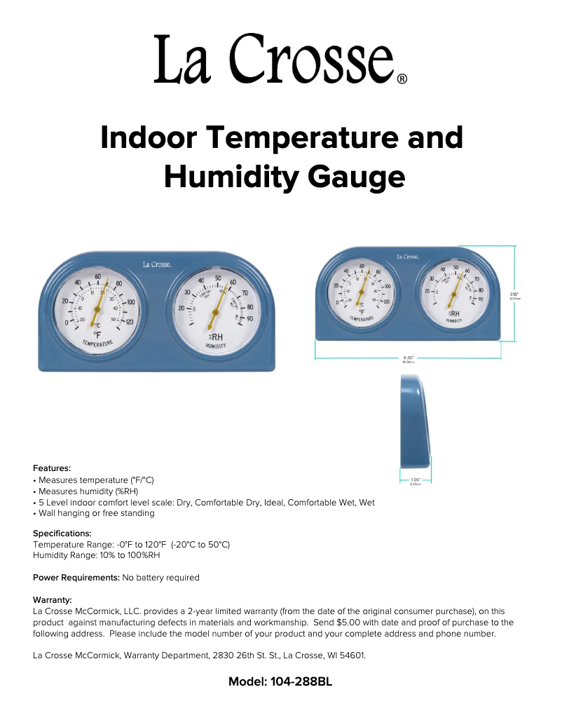 Page 1 de la notice Manuel utilisateur La Crosse Technology 104-288BL