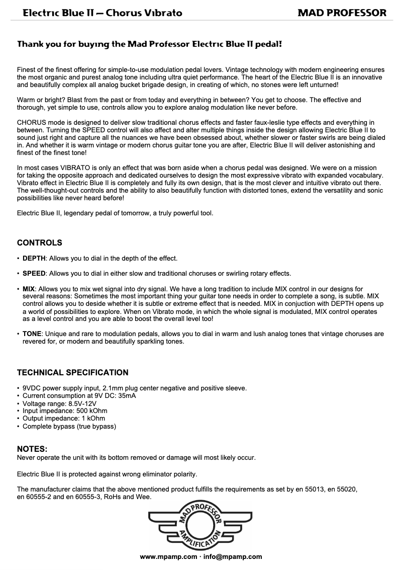 Page n°1 - Manuel utilisateur Mad Professor Electric Blue II Chorus Vibrato