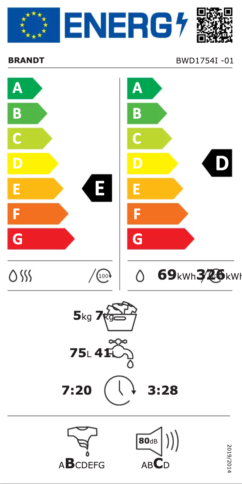 Página 1 del manual Etiqueta energética Brandt BWD1754I