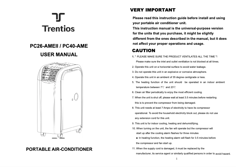 Page 1 de la notice Manuel utilisateur Trentios PC26-AMEII