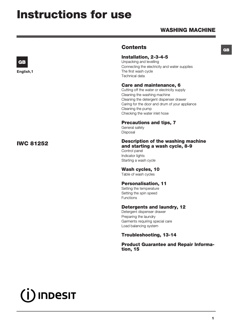 Page 1 de la notice Mode d'emploi Indesit IWC 81252 ECO UK.M