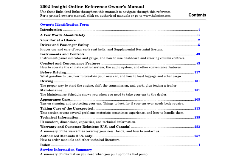 Page 1 de la notice Manuel utilisateur Honda Insight (2002)