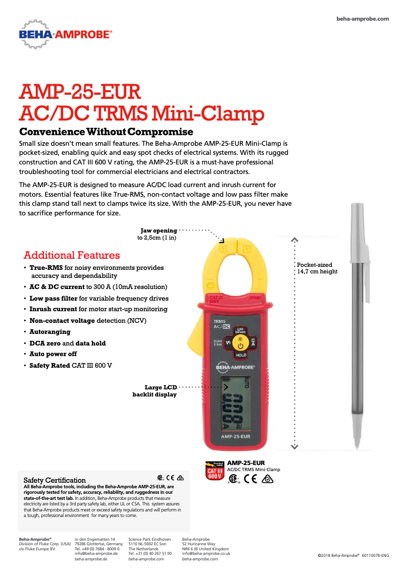Page 1 de la notice Manuel utilisateur Beha-Amprobe AMP-25-EUR