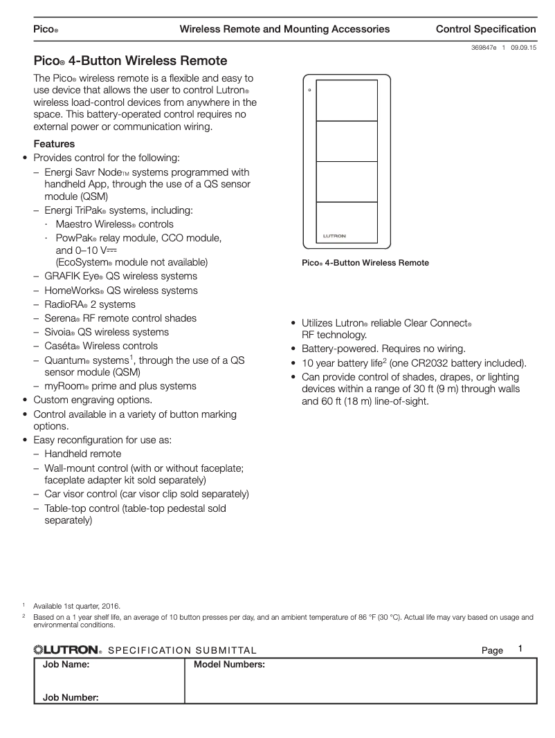 Page 1 de la notice Manuel utilisateur Lutron Pico