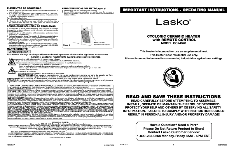 Page 1 of the manual User Manual Lasko Digital Ceramic CC24870