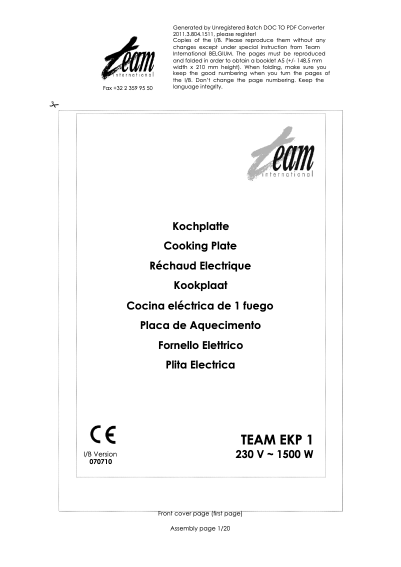 Page 1 de la notice Manuel utilisateur Team EKP 1