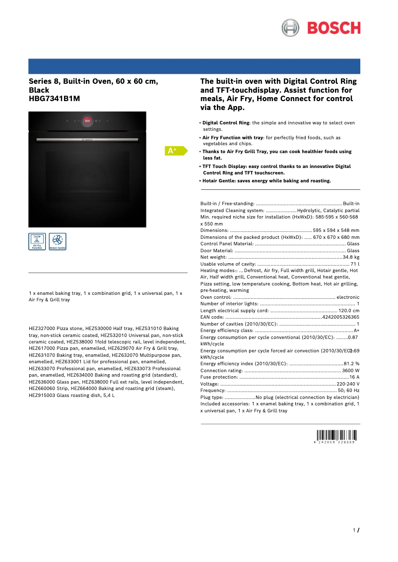 Page 1 de la notice Fiche technique Bosch HBG7341B1M