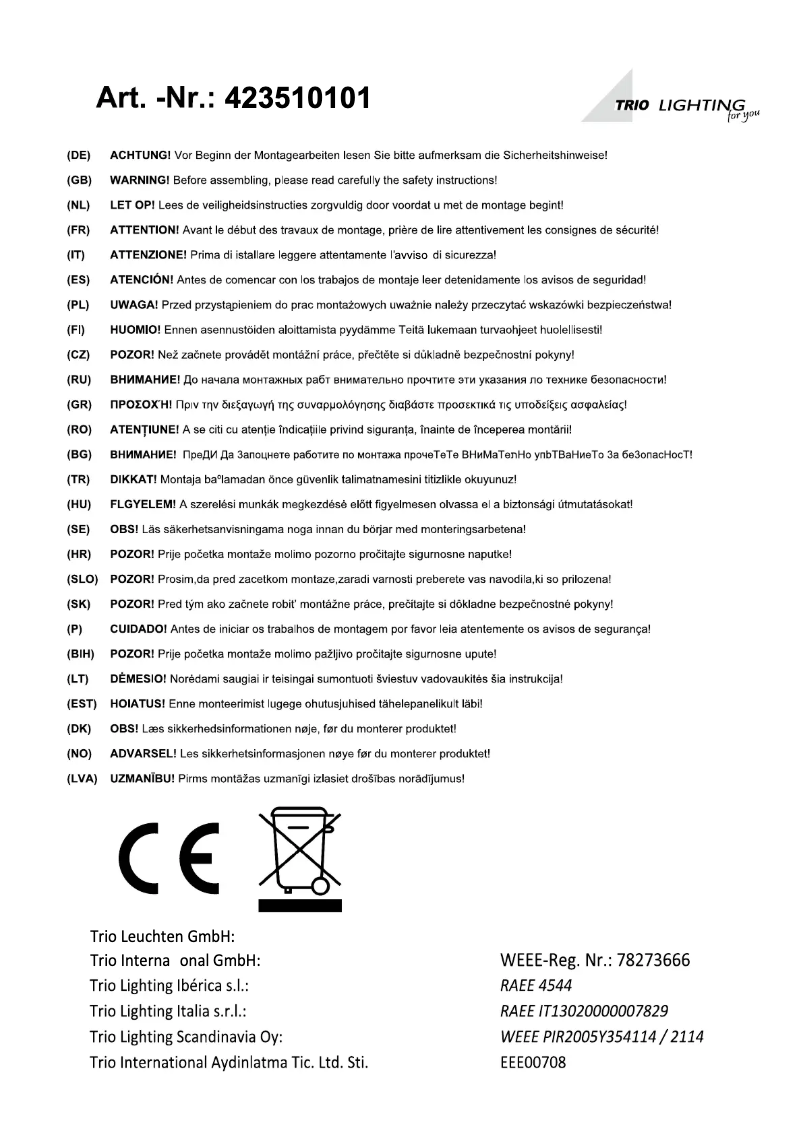 Page n°1 - Manuel utilisateur Trio Lighting Pillar 423510101