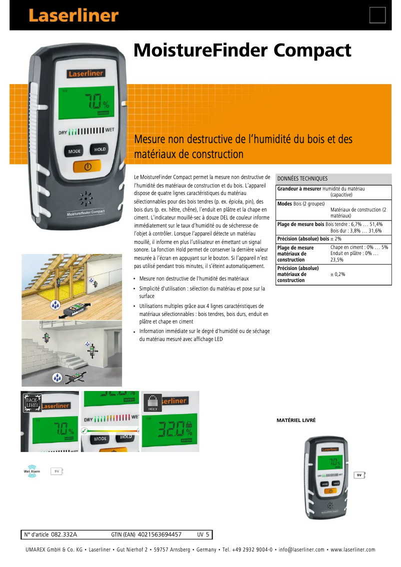 Page 1 de la notice Fiche technique Laserliner MoistureFinder Compact