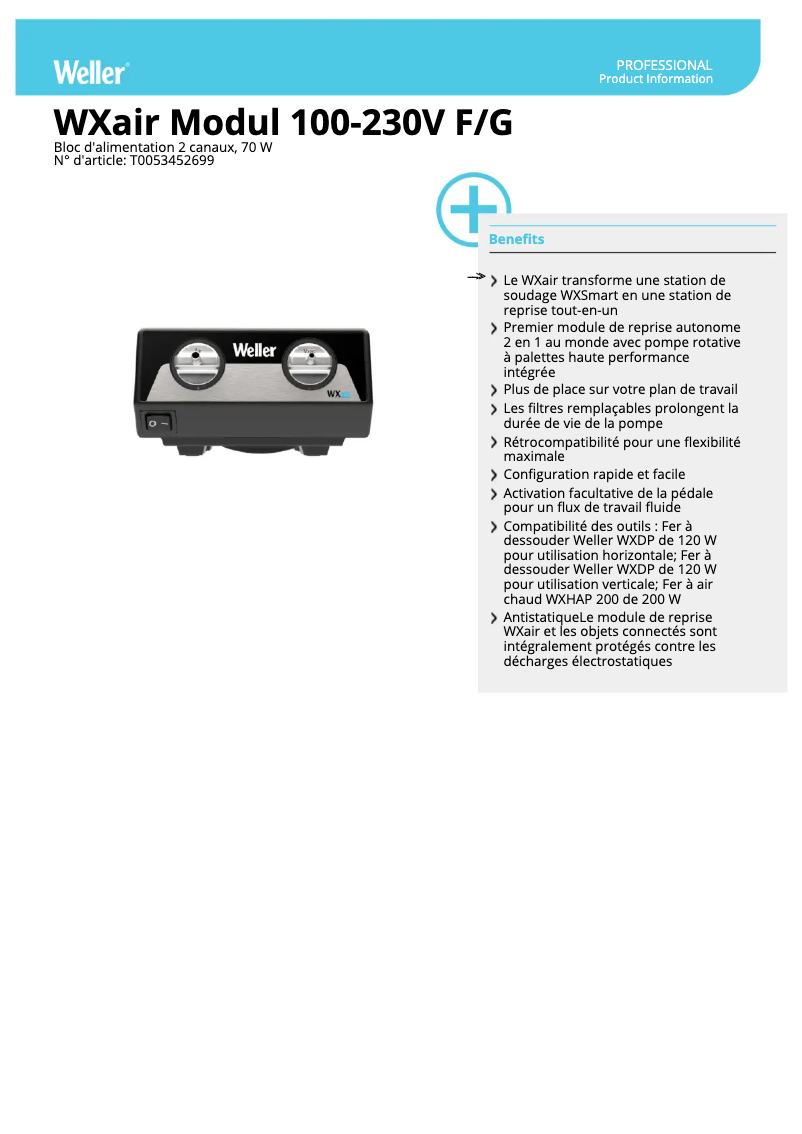 Page 1 de la notice Fiche technique Weller WXair
