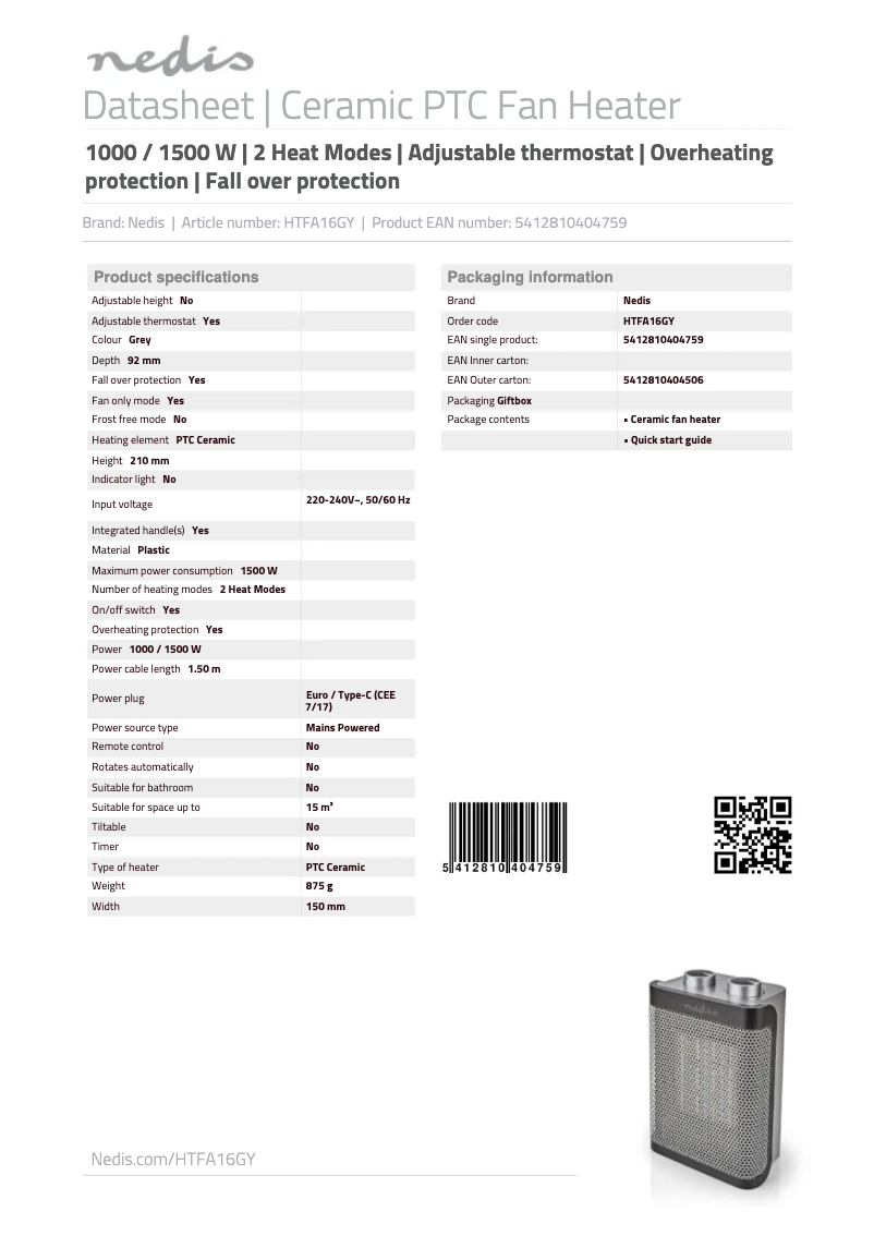 Page n°1 - Manuel utilisateur Nedis HTFA16GY