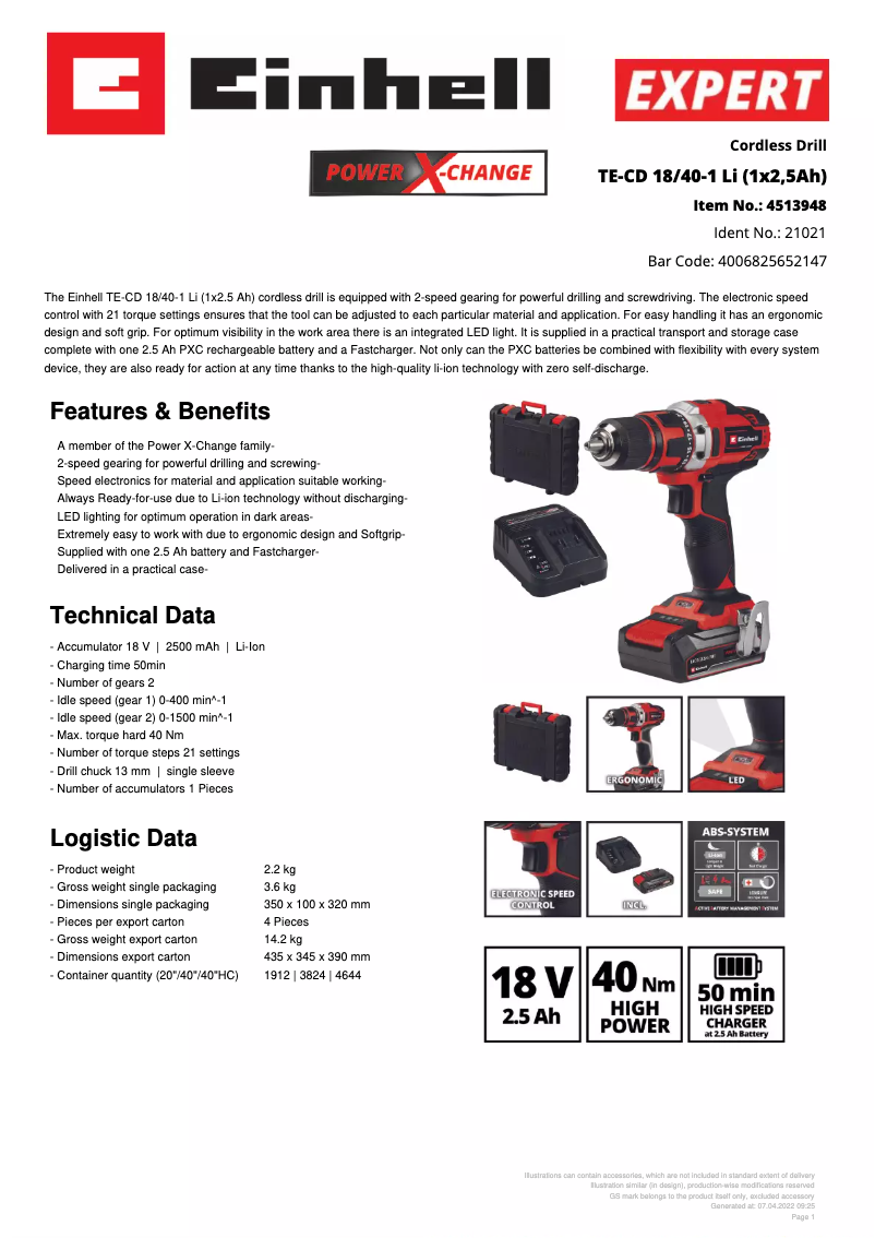 Página 1 del manual Ficha técnica Einhell TE-CD 18/40-1 Li