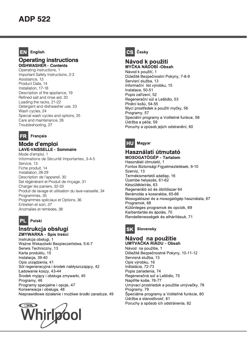 Page n°1 - Mode d'emploi Whirlpool ADP 522