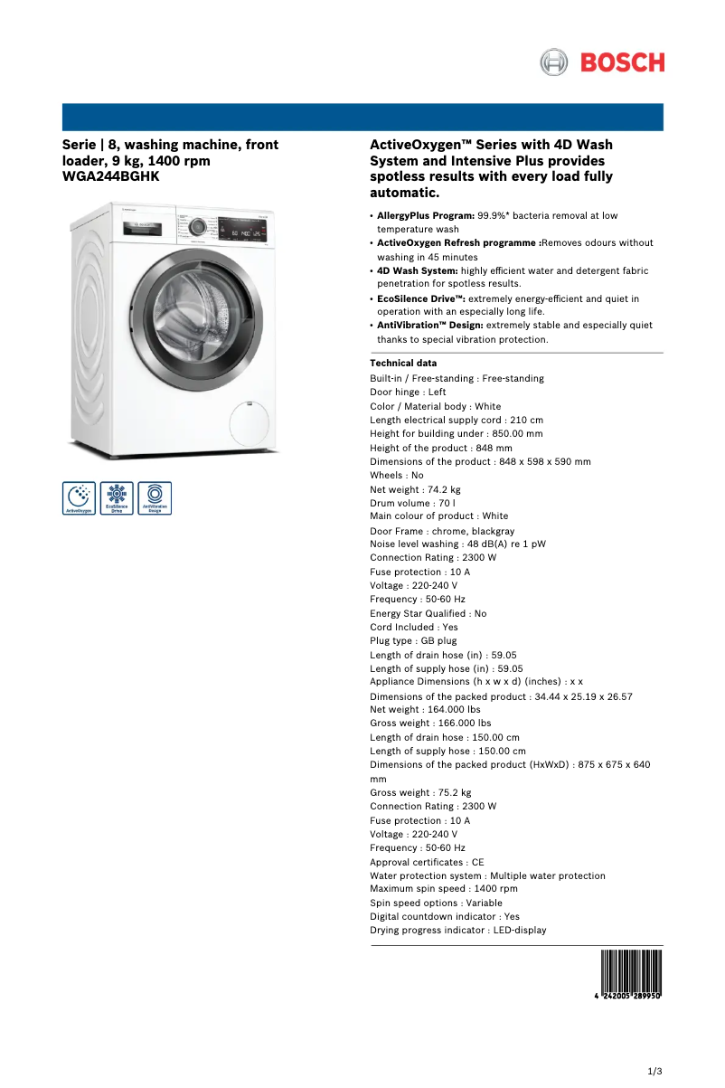 Página 1 del manual Ficha técnica Bosch WGA244BGHK