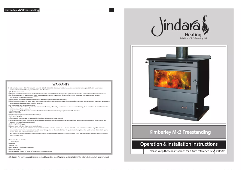 Page n°1 - Manuel utilisateur Jindara Kimberley Mk3 Freestanding