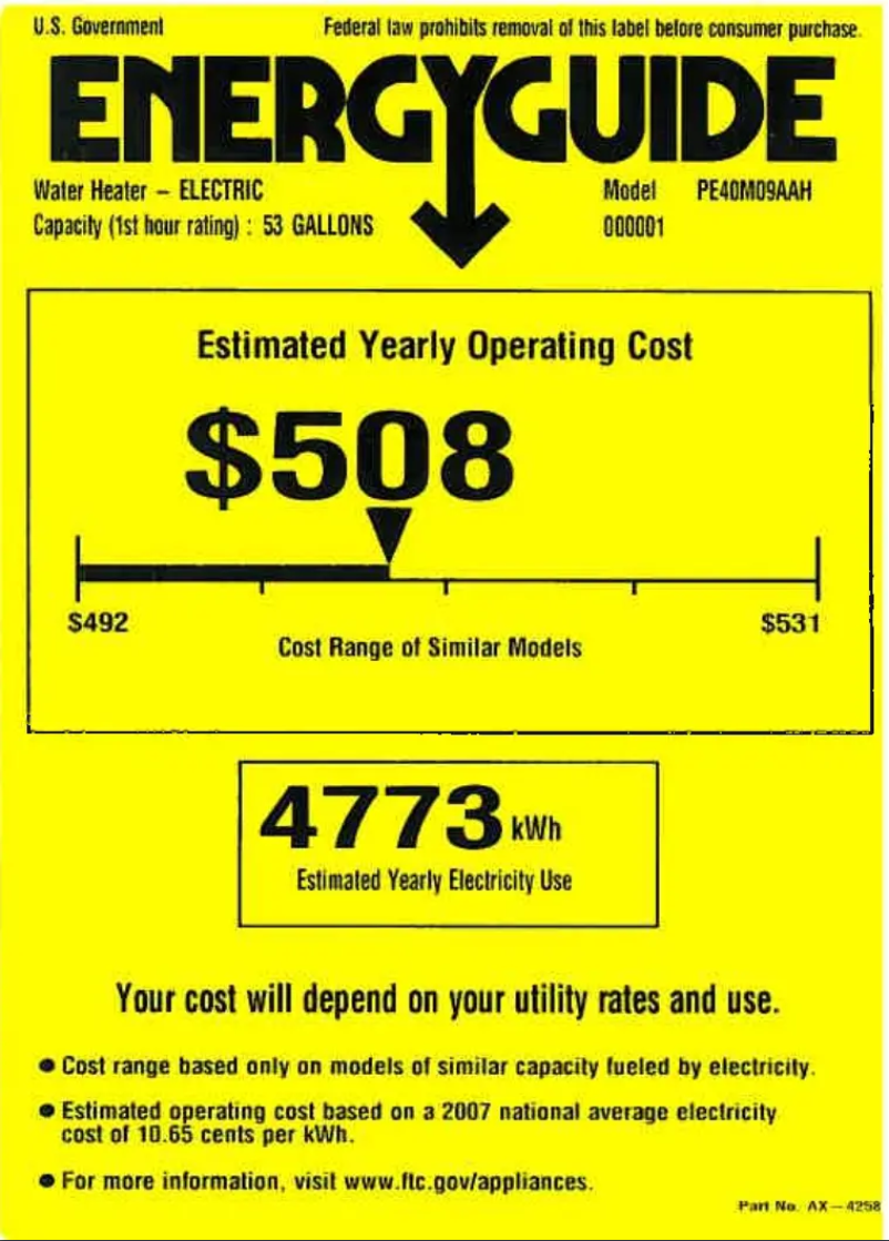 Page n°1 - Label énergétique GE PE40M09AAH