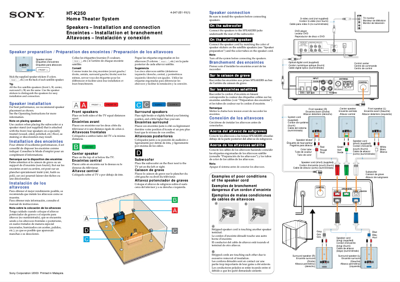 Page 1 de la notice Guide d'installation Sony HT-K250
