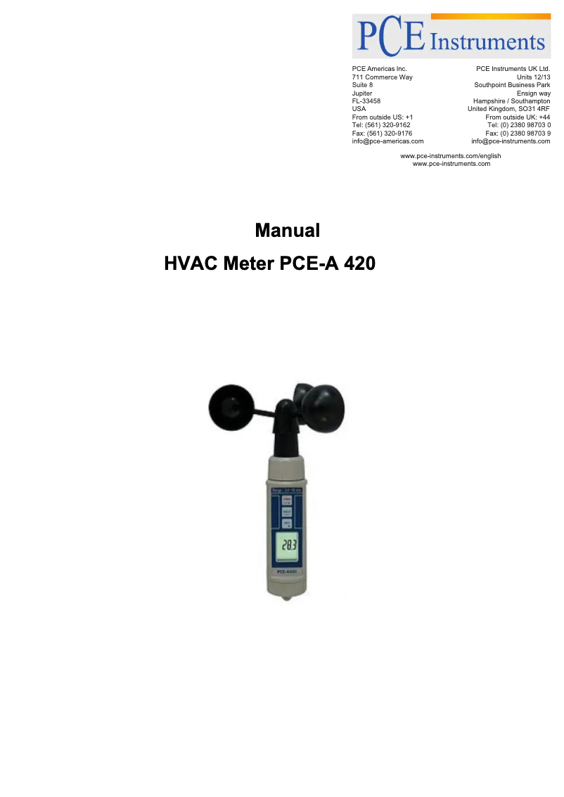 Page n°1 - Manuel utilisateur PCE Instruments PCE-A 420