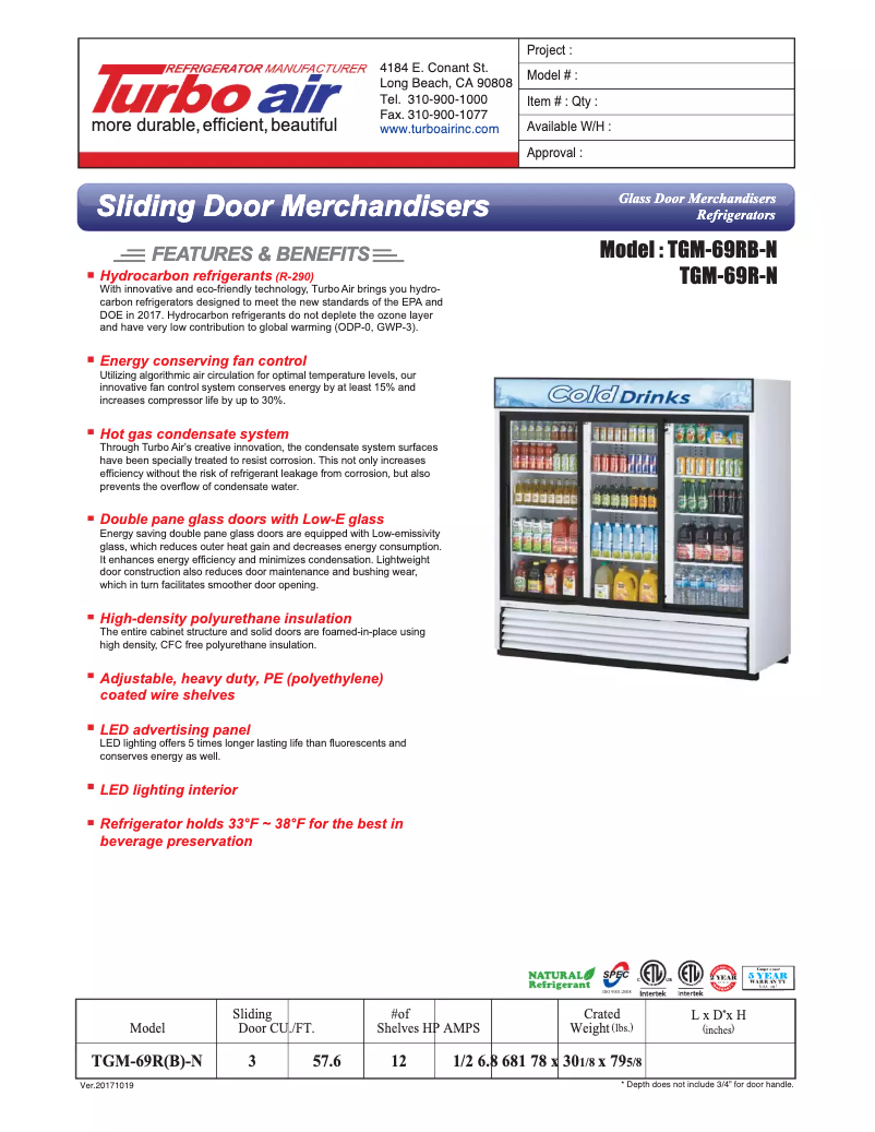 Page 1 de la notice Fiche technique Turbo air TGM-69R