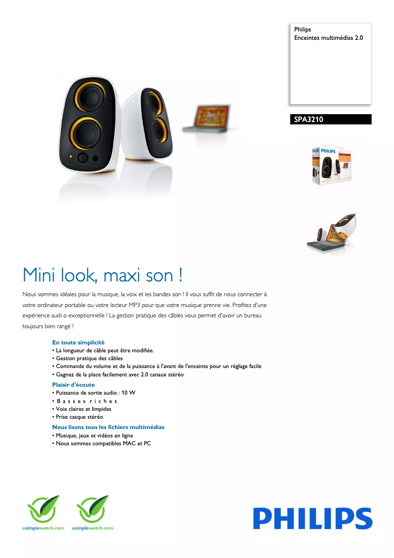 Page 1 de la notice Fiche technique Philips SPA3210