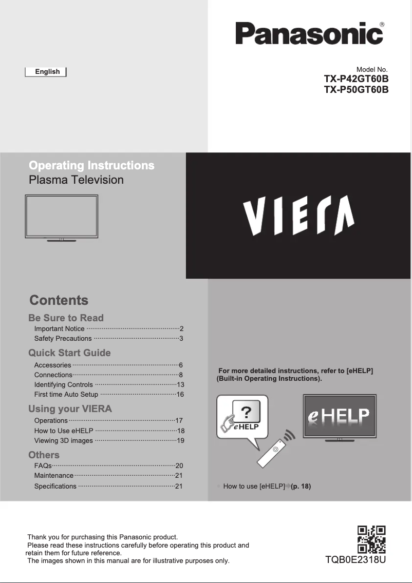 Page 1 de la notice Guide de démarrage rapide Panasonic TX-P50GT60B