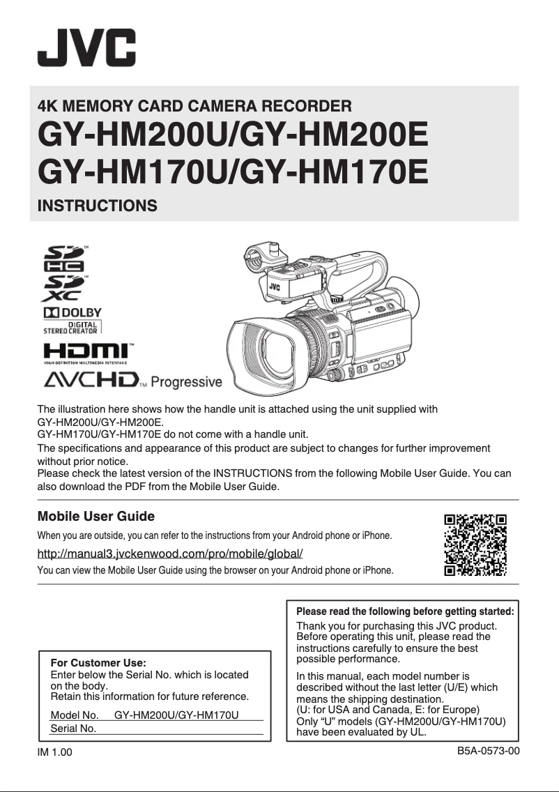 Image de la première page du manuel de l'appareil GY-HM200