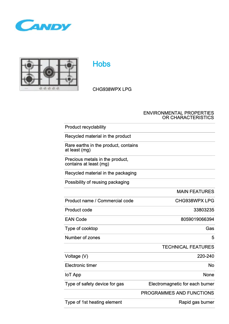 Image de la première page du manuel de l'appareil CHG938WPX LPG