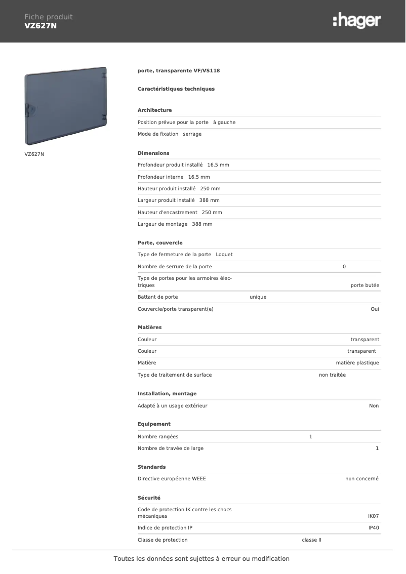 Page n°1 - Fiche technique Hager VZ627N