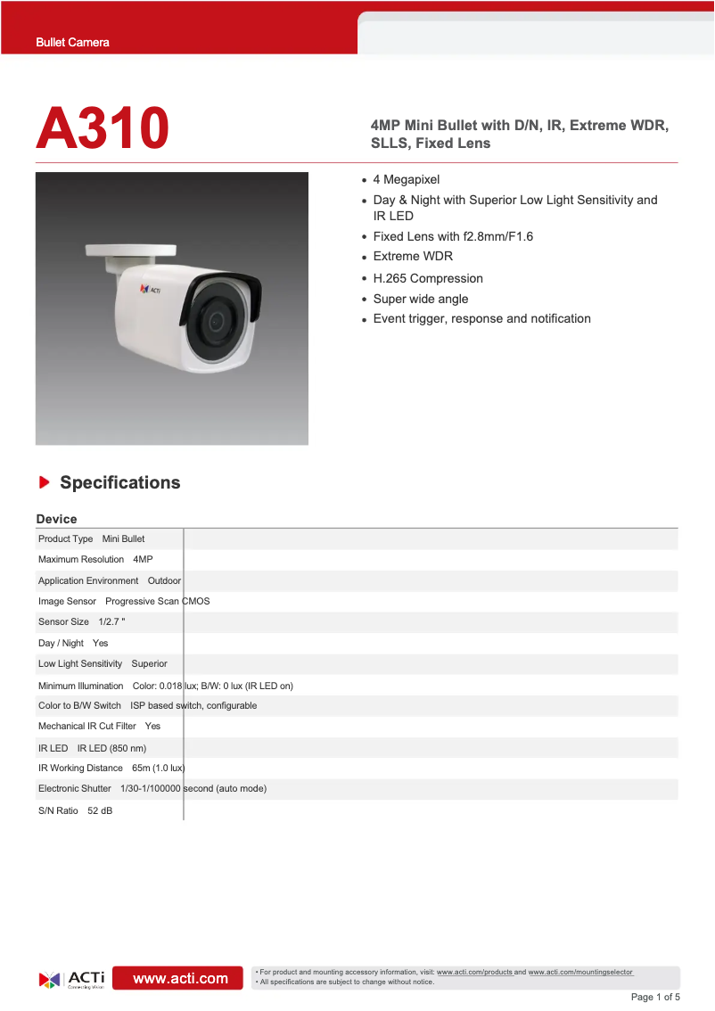 Page 1 de la notice Fiche technique ACTi A310