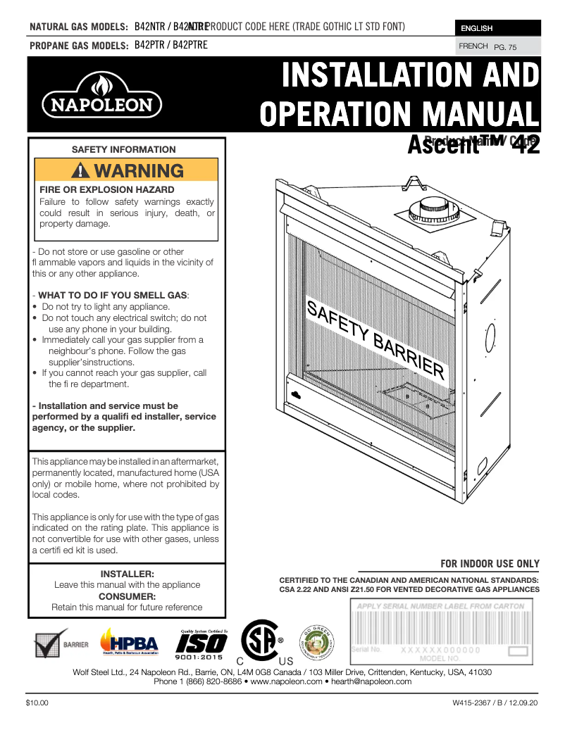 Page n°1 - Manuel utilisateur Napoleon Ascent 42