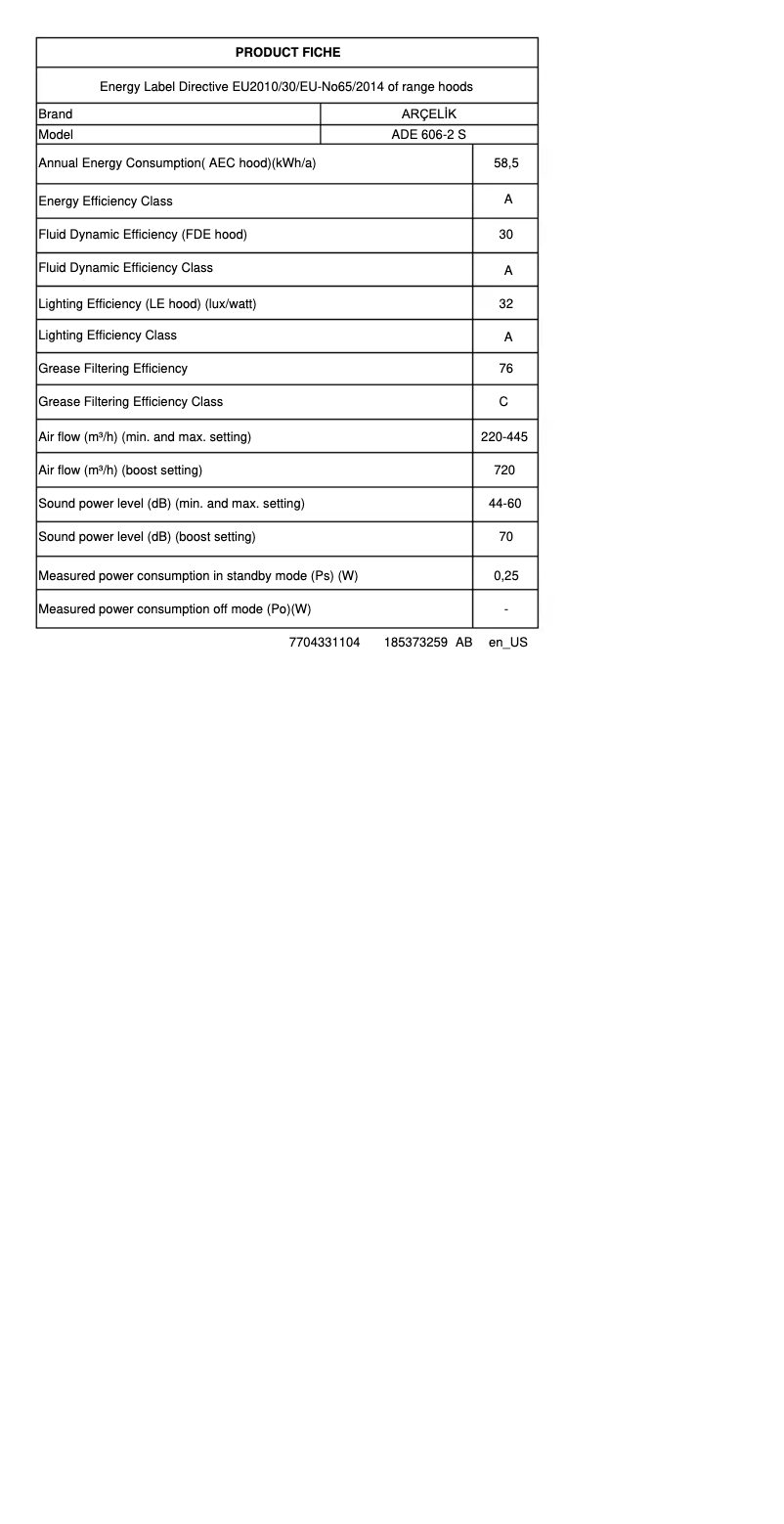 Page n°1 - Fiche technique Arçelik ADE 606-2 S