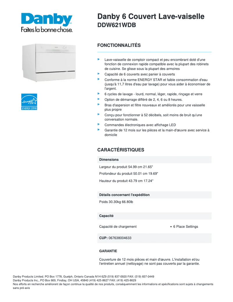 Page n°1 - Fiche technique Danby DDW621WDB