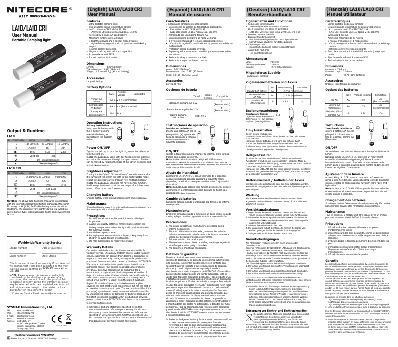 Página 1 del manual Manual de usuario Nitecore LA10