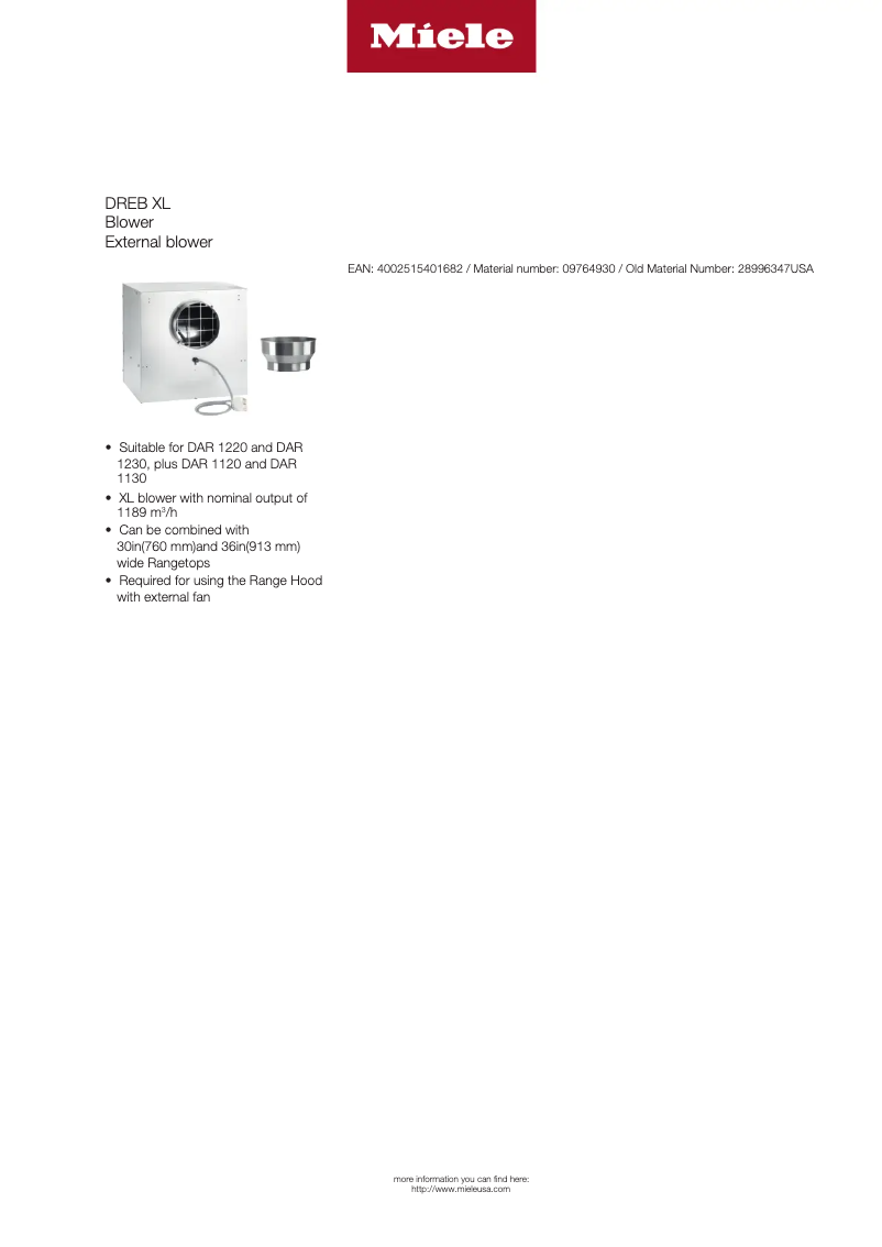 Page 1 de la notice Fiche technique Miele DREB XL