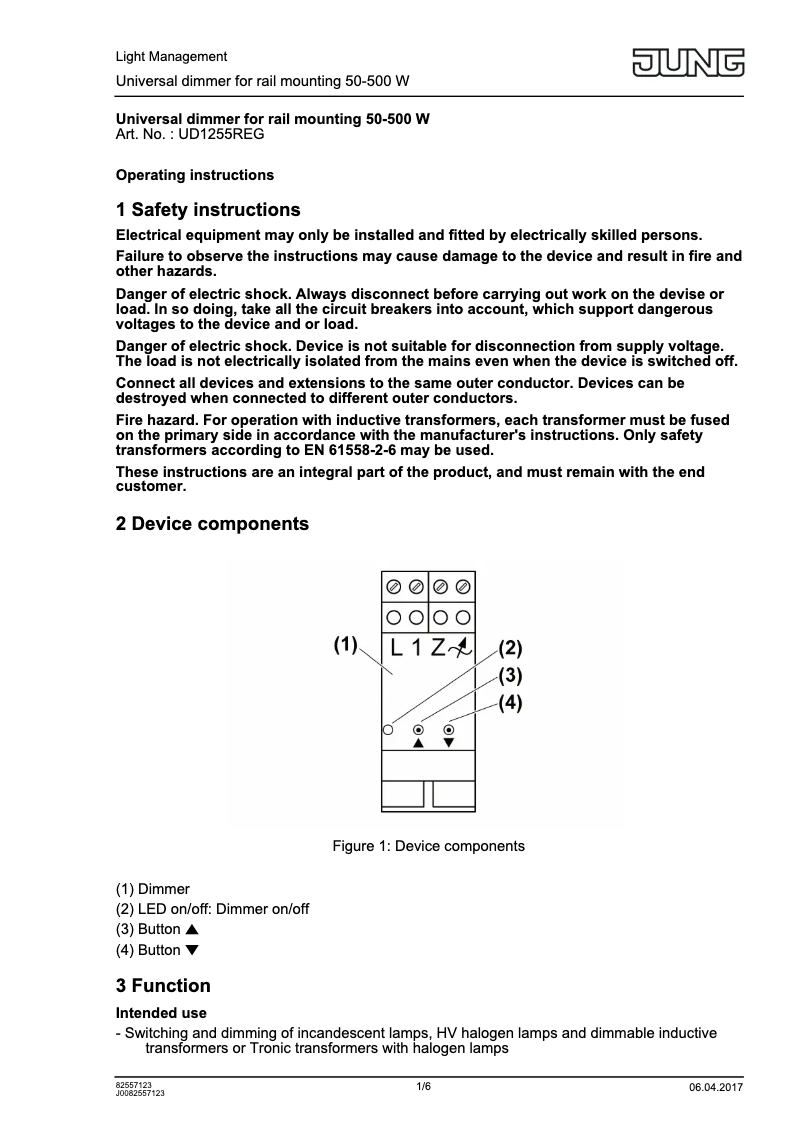 Page 1 de la notice Manuel utilisateur JUNG UD1255REG